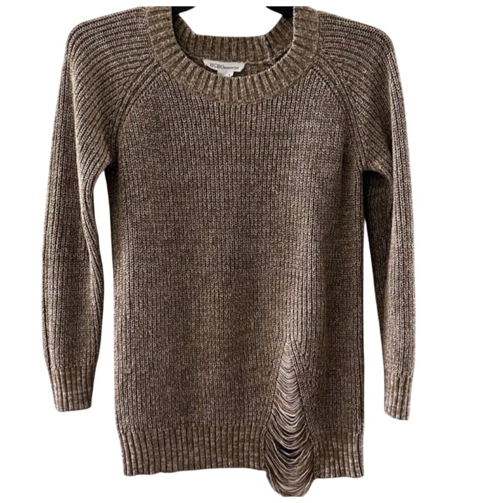 BCBGGeneration Womens Sweater S Brown Distressed Knit Cotton Blend